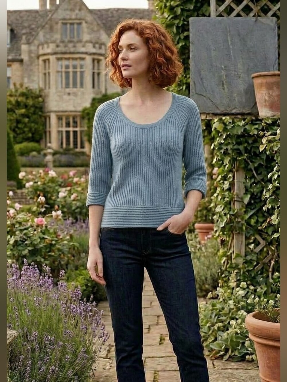 American Rag NWT Ribbed Scoop Neck Sweater Dusty Blue Medium